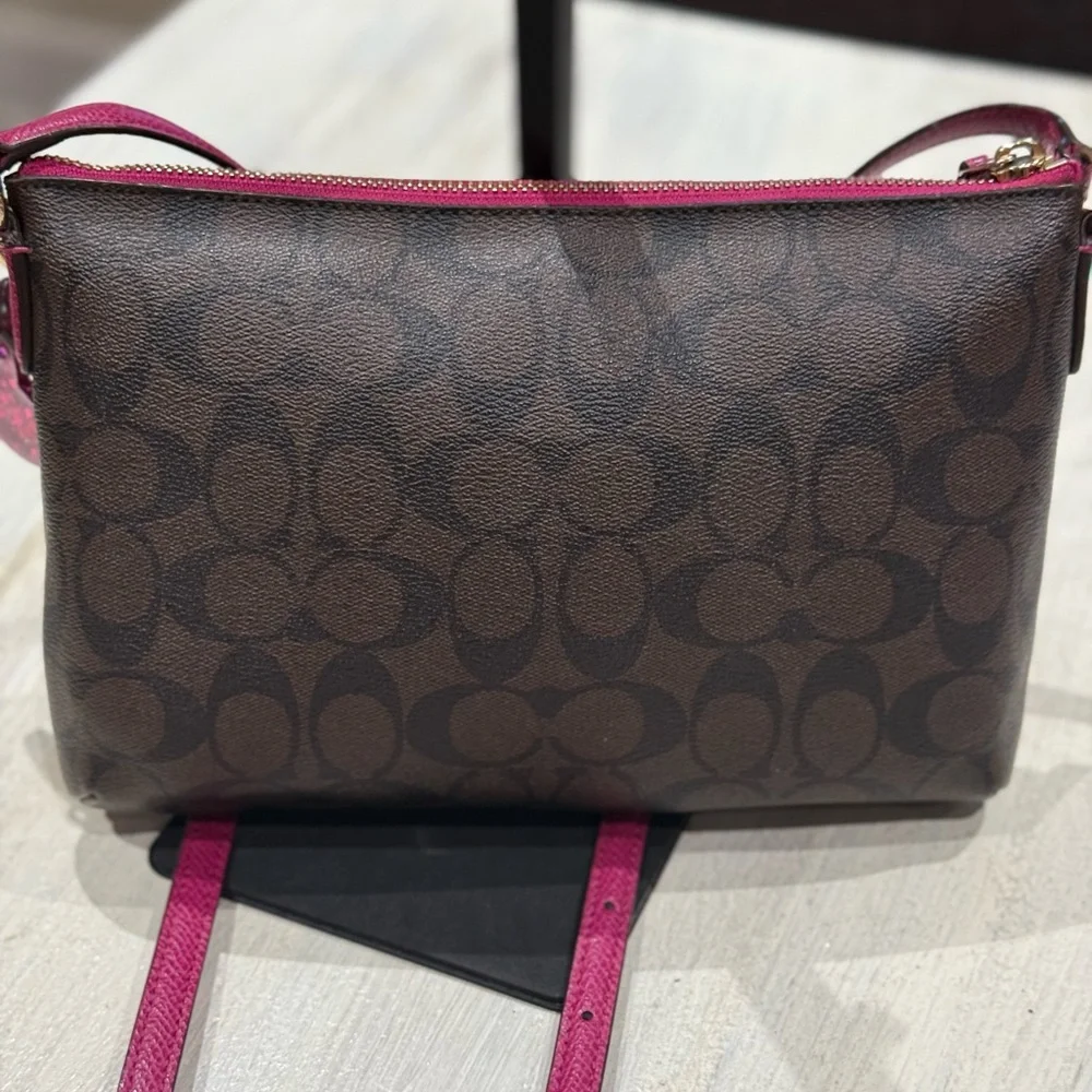 Coach Brown Signature Crossbody with Pink Trim and Strap